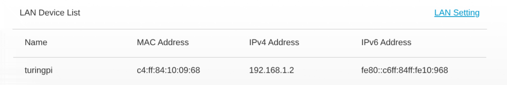 Turing Pi 2.5 appearing as turingpi in router DHCP client list after first boot