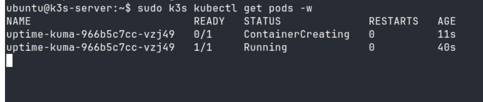 Terminal output showing Uptime Kuma pod transitioning from ContainerCreating to Running status on k3s ARM cluster