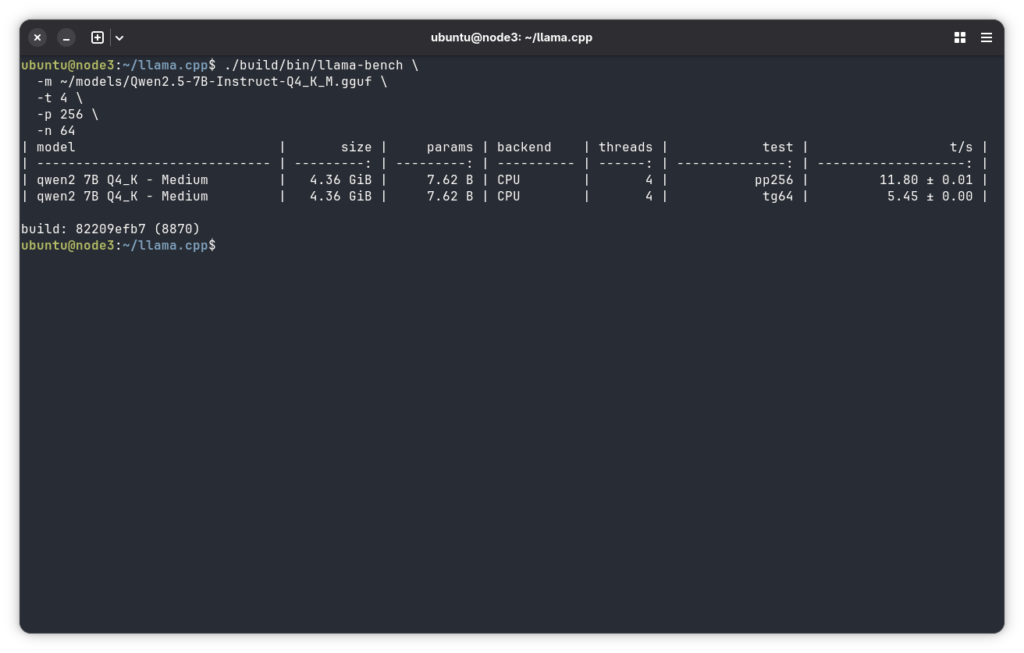 llama.cpp benchmark on RK3588 showing Qwen2.5 7B performance at ~5.4 tokens per second generation speed
