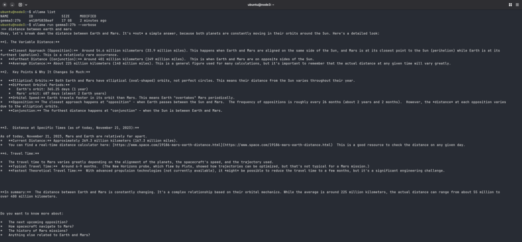 Ollama running Gemma 3 27B model on RK1 node showing output