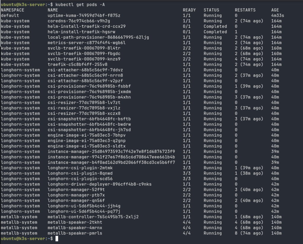 kubectl get pods -A output showing Longhorn and MetalLB pods running across all nodes