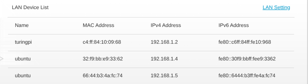 Router DHCP client list showing Turing Pi 2.5 BMC and two RK1 nodes with assigned IP addresses