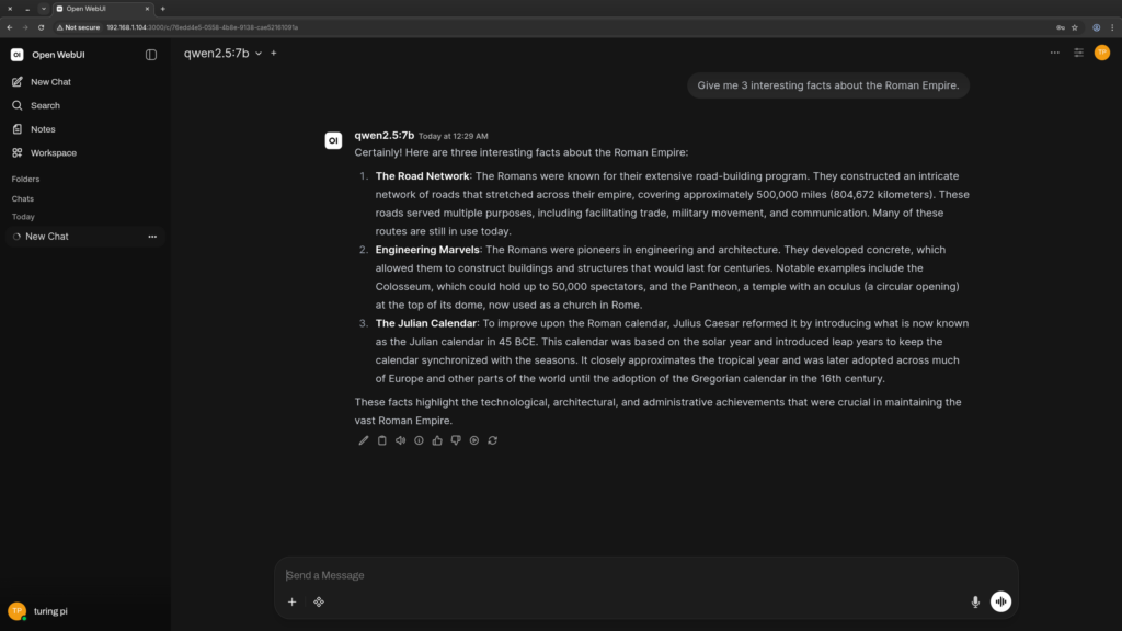Open WebUI interface connected to local RK1 inference server displaying Qwen2.5 7B response to Roman Empire prompt