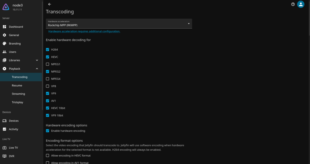 Jellyfin Transcoding settings page with Rockchip MPP RKMPP selected as hardware acceleration and H264, HEVC, and AV1 hardware decoding enabled