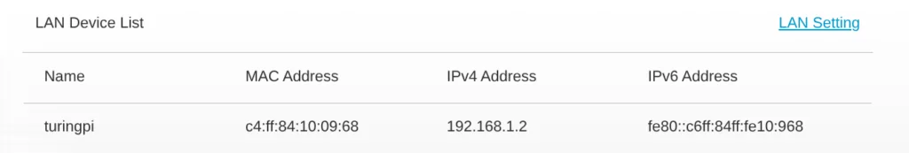 Turing Pi 2.5 appearing as turingpi in router DHCP client list after first boot