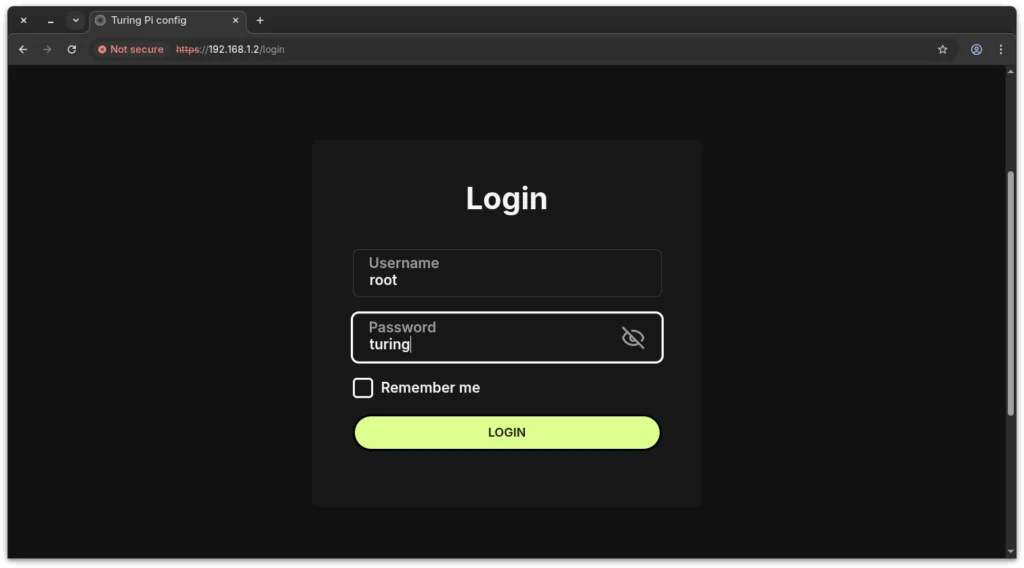 Turing Pi 2.5 BMC web interface login screen