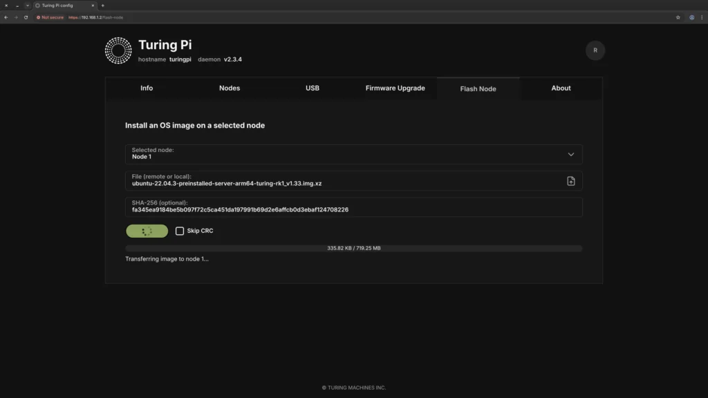 Ubuntu 22.04 ARM64 image being flashed to RK1 compute module via Turing Pi 2.5 BMC web interface