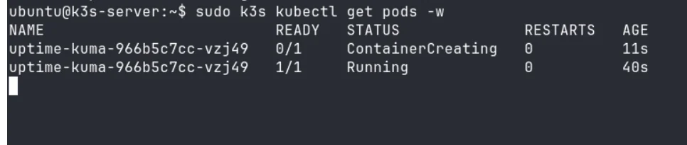 Terminal output showing Uptime Kuma pod transitioning from ContainerCreating to Running status on k3s ARM cluster