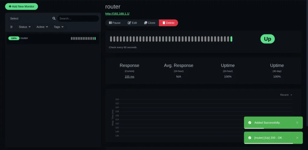 Uptime Kuma dashboard showing router monitor with Up status after successful deployment on Turing Pi 2.5 k3s cluster