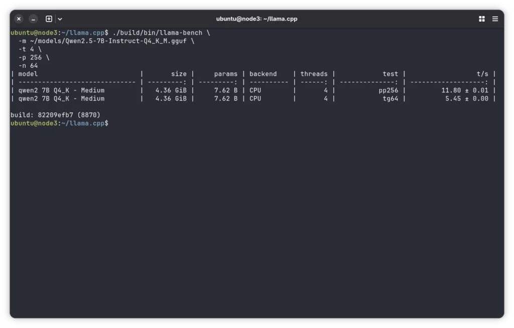 llama.cpp benchmark on RK3588 showing Qwen2.5 7B performance at ~5.4 tokens per second generation speed
