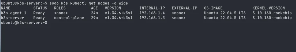 k3s server and agent nodes showing Ready status after joining ARM cluster on Turing Pi 2.5