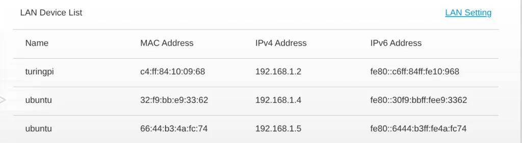 Router DHCP client list showing Turing Pi 2.5 BMC and two RK1 nodes with assigned IP addresses