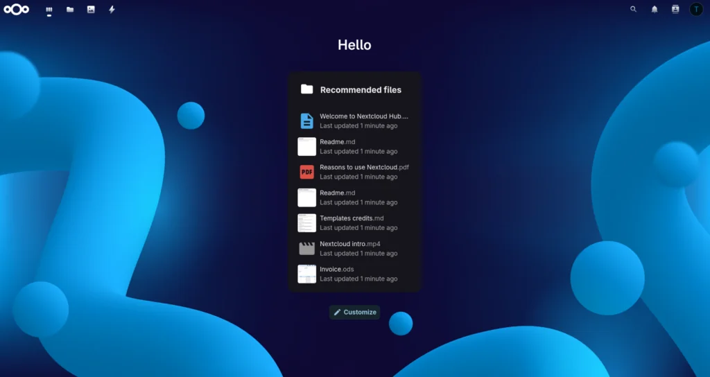 Nextcloud home dashboard after first login, showing the recommended files panel on a self-hosted ARM64 deployment