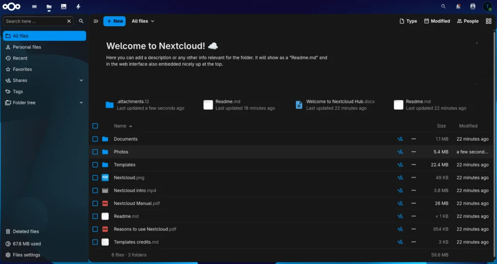Nextcloud file browser showing the default folder structure and sample files on a freshly initialized self-hosted instance running on Turing Pi 2.5