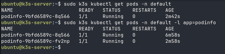 Terminal output showing the podinfo Deployment scaling from one to two running pods on the k3s cluster after the replica count change was pushed to Gitea and reconciled by FluxCD