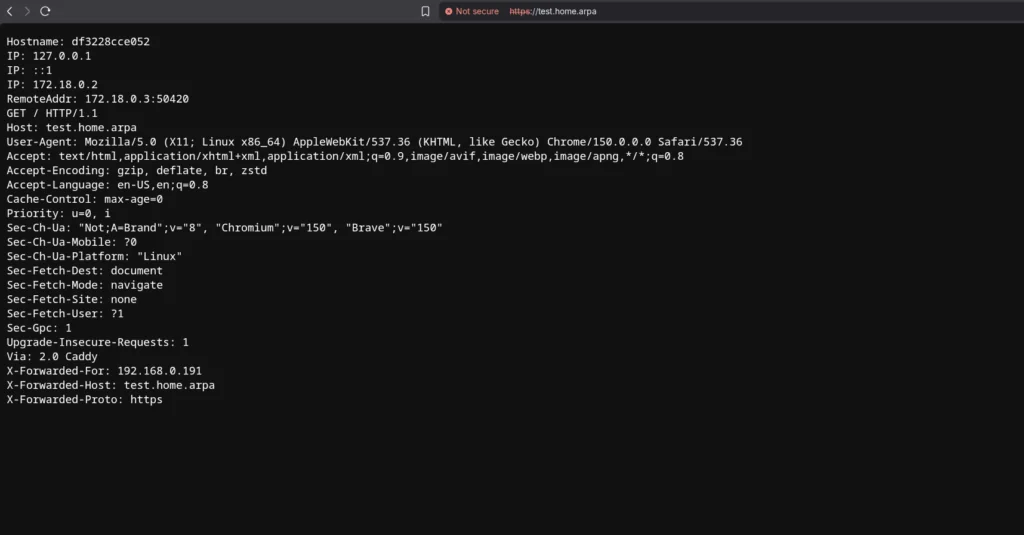 Browser output from the whoami test container at https://test.home.arpa, showing request headers including Via: 2.0 Caddy and X-Forwarded-Host, confirming DNS, HTTPS, and reverse proxy routing are all working correctly