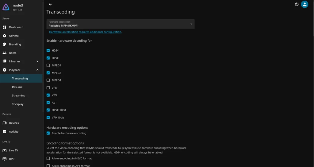 Jellyfin Transcoding settings page with Rockchip MPP RKMPP selected as hardware acceleration and H264, HEVC, and AV1 hardware decoding enabled
