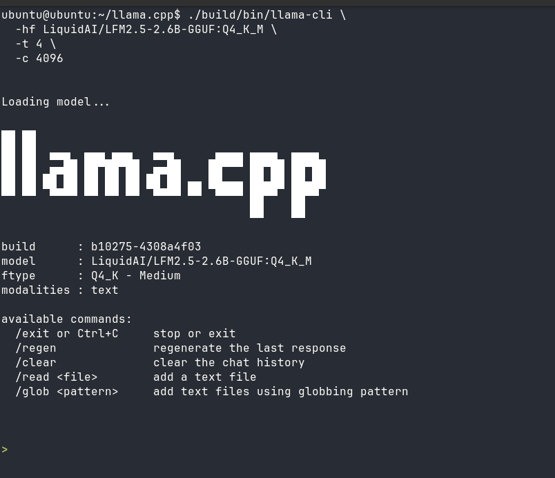 Terminal output of llama-cli loading LFM2.5-2.6B Q4_K_M through llama.cpp on the Turing Pi RK1, showing the build info and interactive chat prompt ready for input