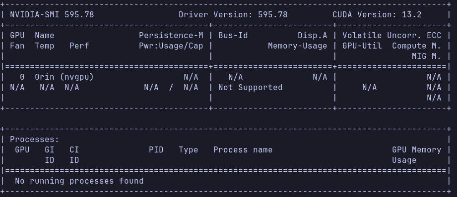 NVIDIA-SMI output on Jetson Orin showing driver 595.78, CUDA 13.2, the Orin GPU detected, and no running GPU processes.